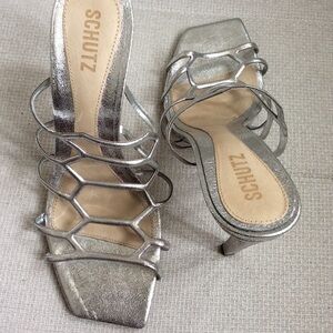 Schutz silver metallic square open toe high heels